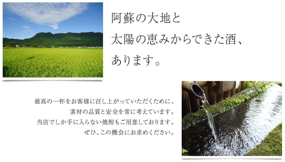 阿蘇の大地と
太陽の恵みからできた酒、
あります。

最高の一杯をお客様に召し上がっていただくために、
素材の品質と安全を常に考えています。
当店でしか手に入らない焼酎もご用意しております。
ぜひ、この機会にお求めください。